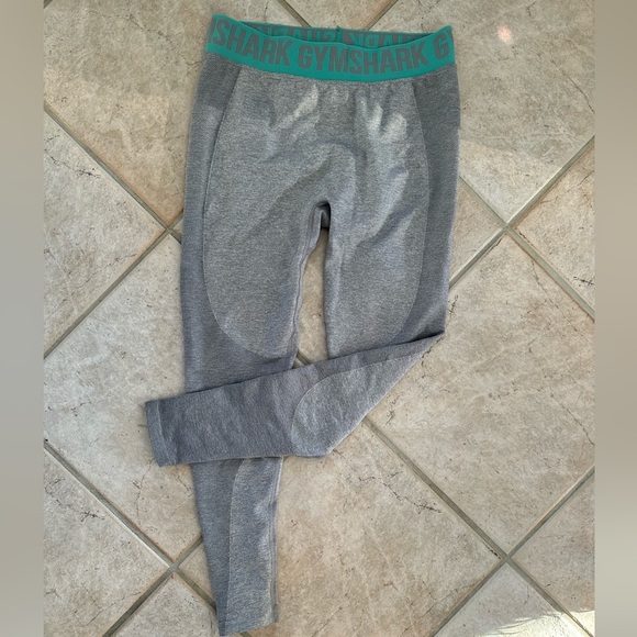 Large Grey Gymshark Full Length Workout Leggings with Teal Waist Band - Picture 3 of 7